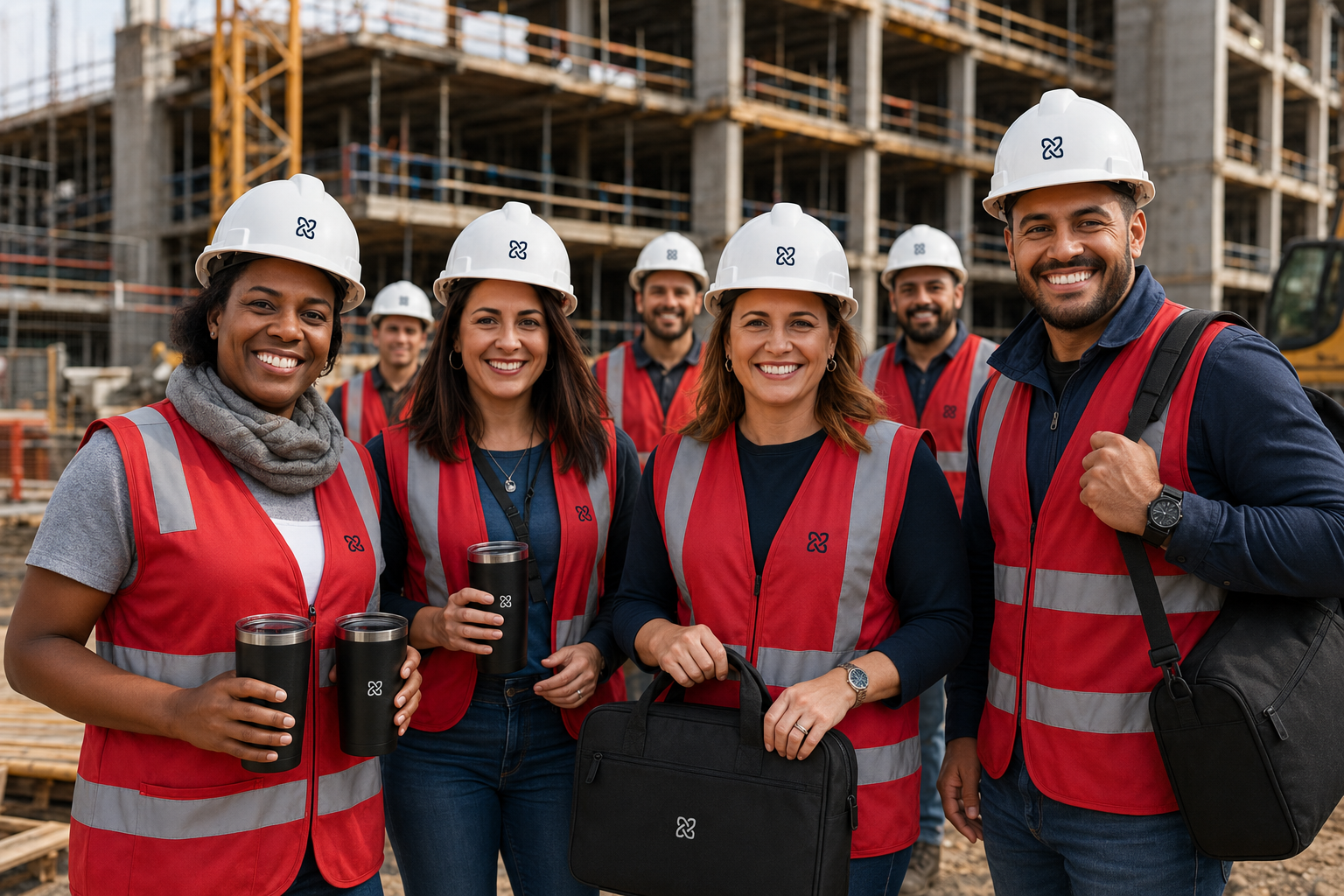 Diverse construction team in red hi-vis vests and white hard hats with branded tumblers and a branded work bag at a jobsite