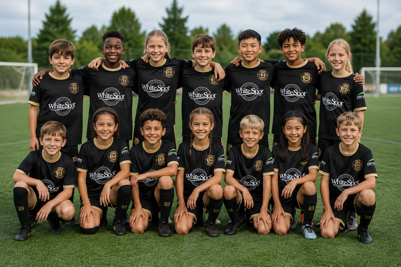 Burnaby Football Club youth team posed together on the pitch wearing custom branded black and gold kits with sponsor logos