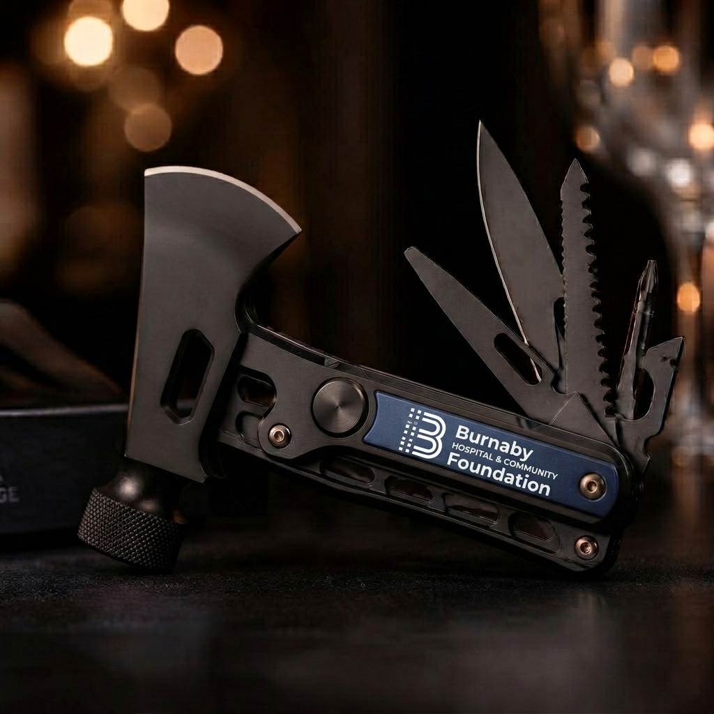 Custom branded multi-tool with axe feature created for the Burnaby Hospital Firefighters Gala