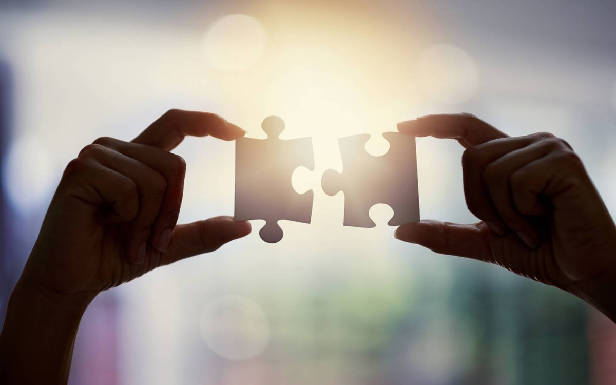 Two hands holding up two pieces of jigsaw puzzle